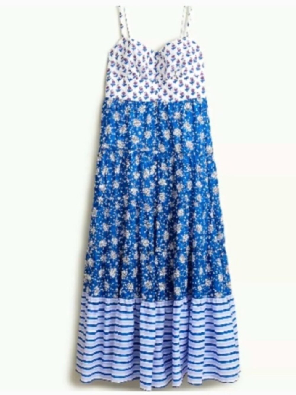 J. CREW Blue White Floral Block Print Smocked Patchwork CottonTiered Dress 4P - Picture 2 of 16